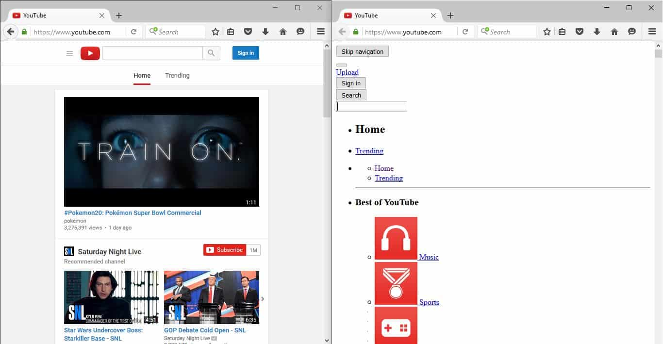 A comparison of how YouTube looks with and without CSS rules