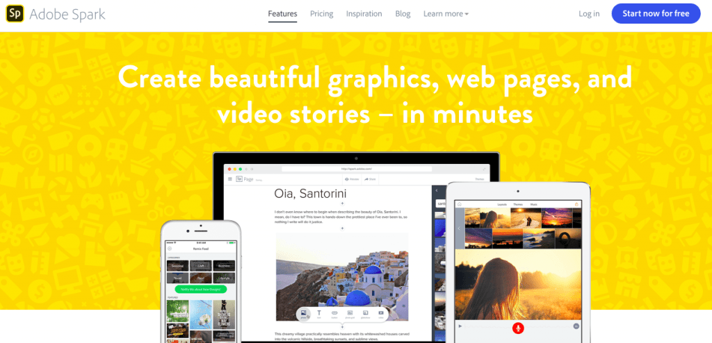 Screenshot of Adobe Spark Features Page