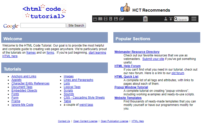 htmlcodetutorial.com circa 2005 - screenshot via waybackmachine