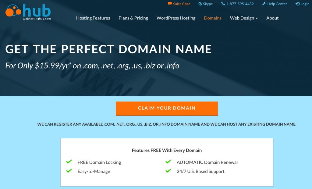 Web Hosting Hub's Domain registration page