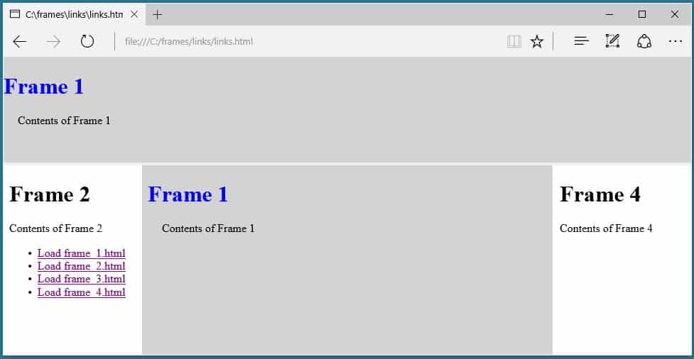 A frameset with a navigation column on the left-hand side and a link opened in the middle frame