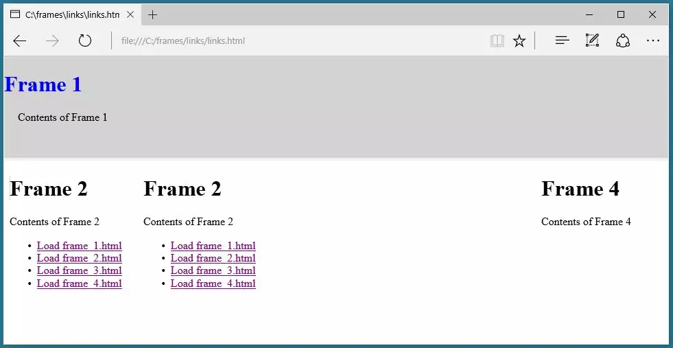 A frameset with a navigation column on the left-hand side and a link opened in the middle frame