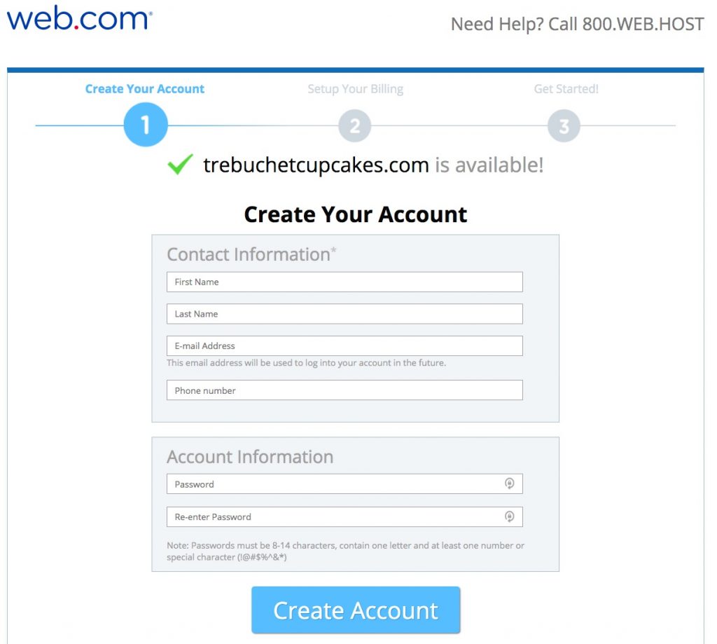 Web.com account creation page
