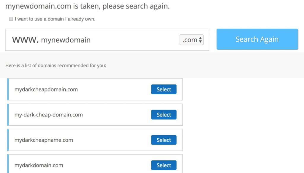 Web.com alternate domain name recommendations