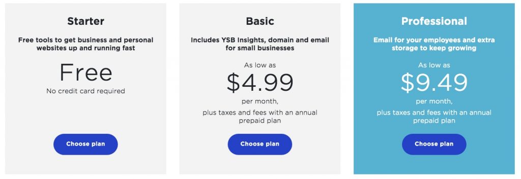 Yahoo's Website Builder plans, including the free plan